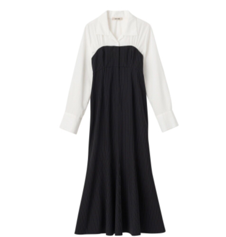 （降） 全新含吊牌正品 cocodeal 輕薄舒適長袖拼接黑底條紋魚尾長洋裝 M