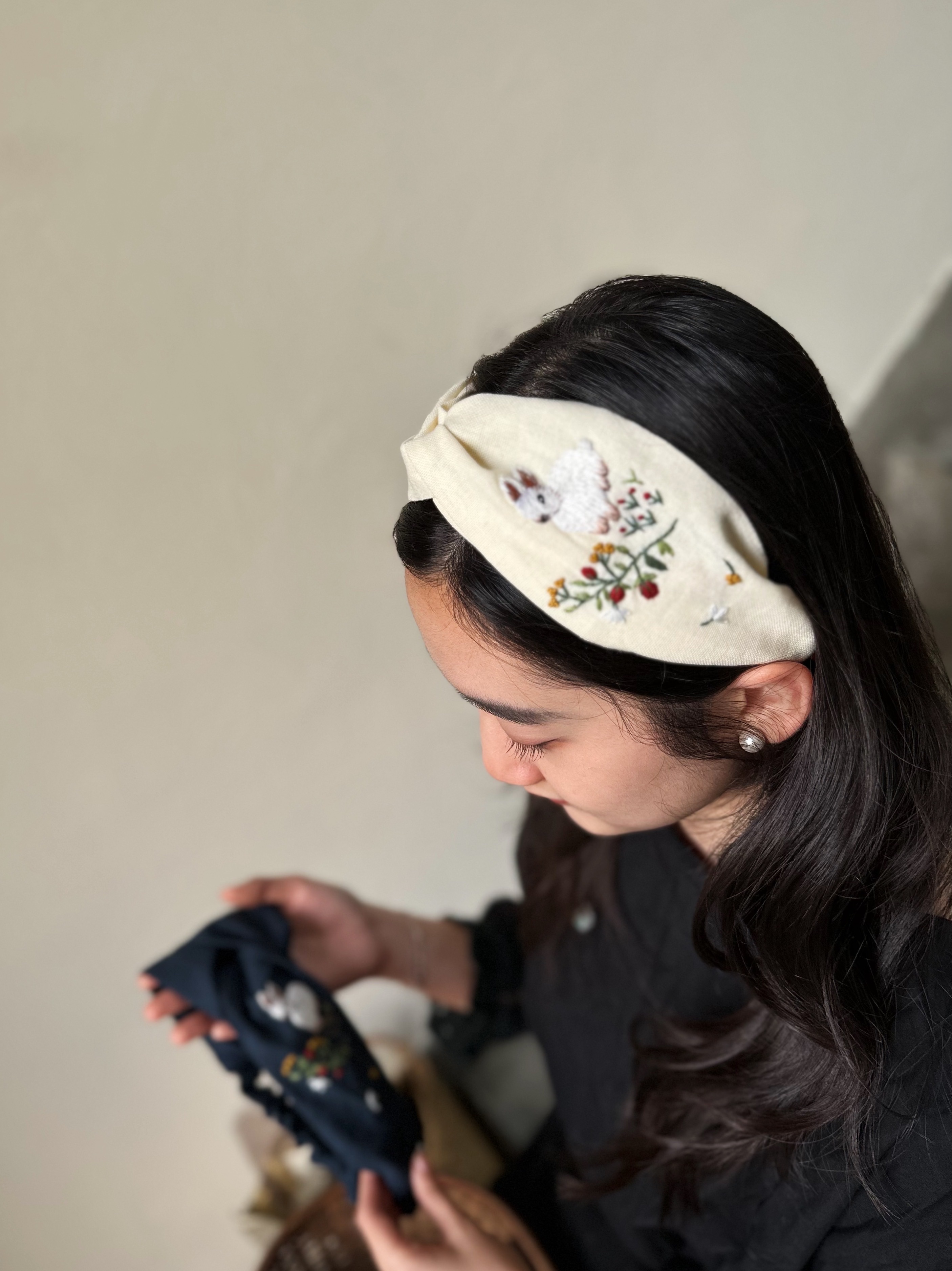 手刺繡髮帶/交叉髮帶/單邊刺繡
