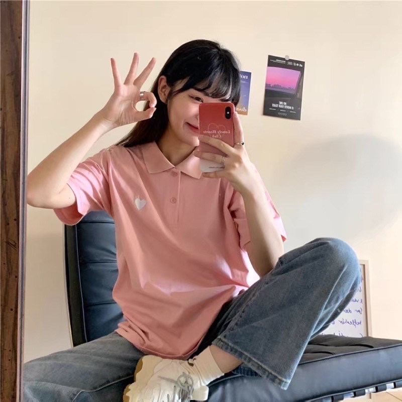 愛心刺繡純棉短袖polo衫polo領短袖-粉色
