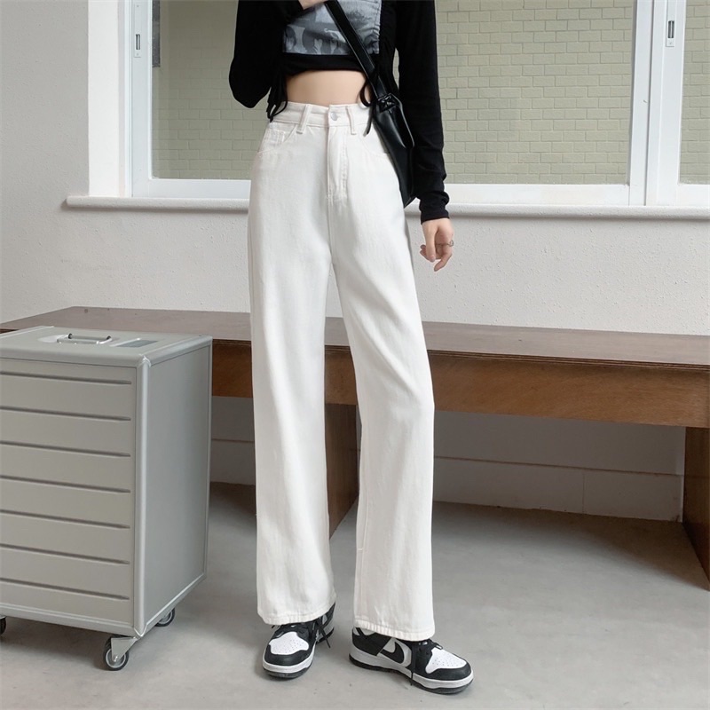 韓版高腰顯瘦直筒白色牛仔褲