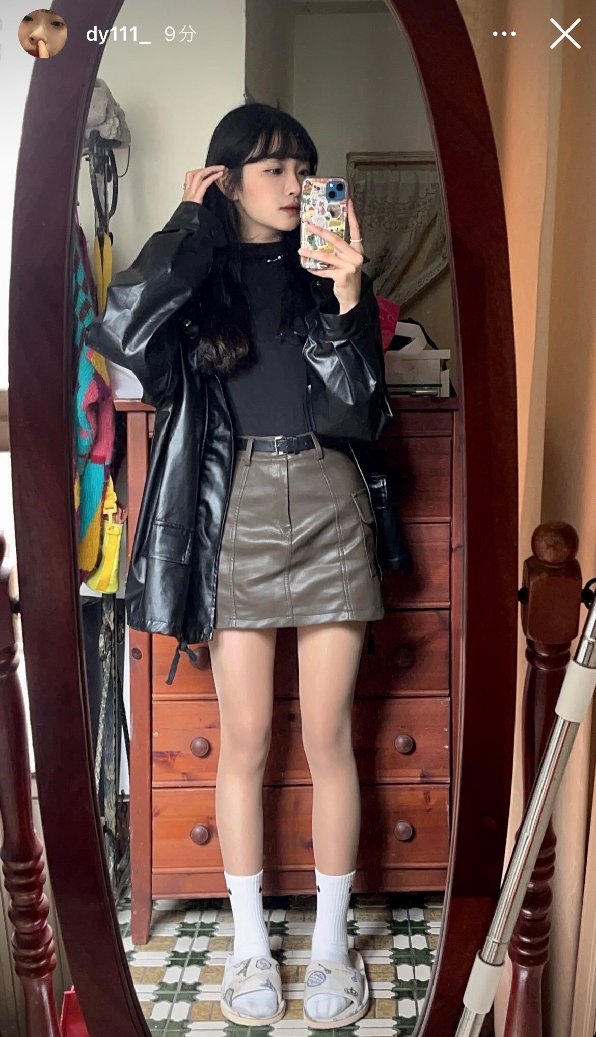 曈曈/采婕/芊妘/哈拉♡黑色龐克下擺抽繩皮衣外套