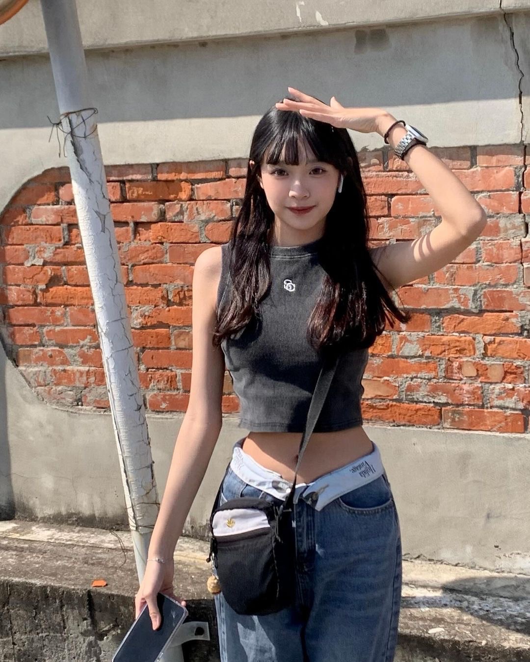 曈曈♡美式復古褲頭翻邊雙釦寬鬆牛仔褲