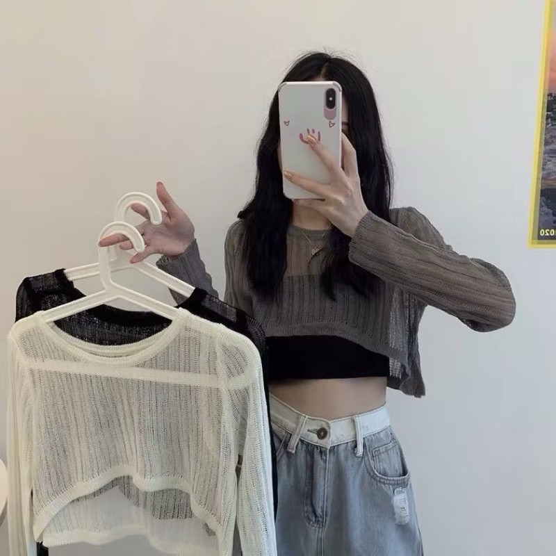 條紋透膚短版針織罩衫