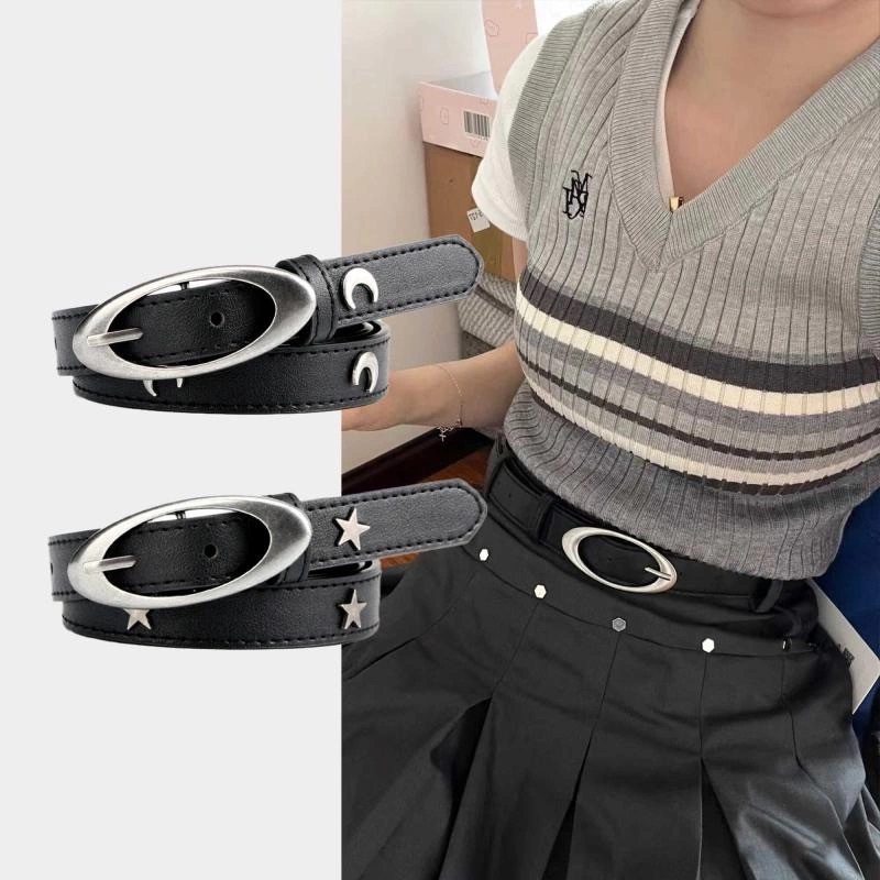 曈曈♡Y2K復古銀色做舊感橢圓釦皮帶