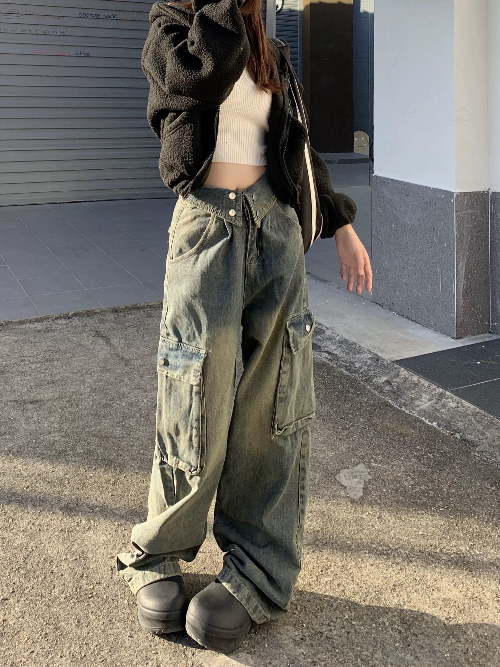 褲頭外翻復古做舊刷色工裝拖地牛仔褲