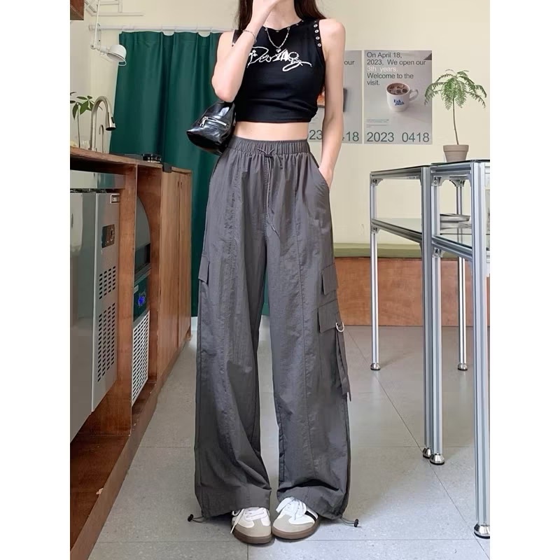 美式休閒不對稱口袋設計鬆緊工裝褲（品甄💜）