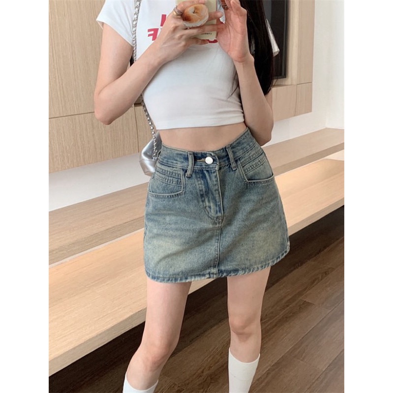 復古水洗防走光藍色牛仔裙🩵有內襯安全褲