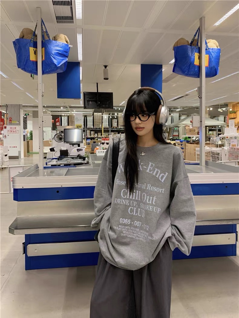 oversize休閒寬鬆字母印花長袖T恤