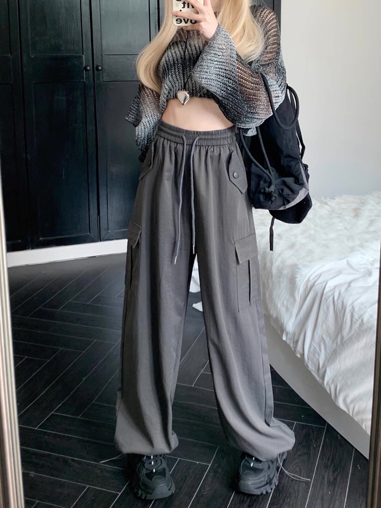 口袋設計鬆緊抽繩工裝褲休閒長褲