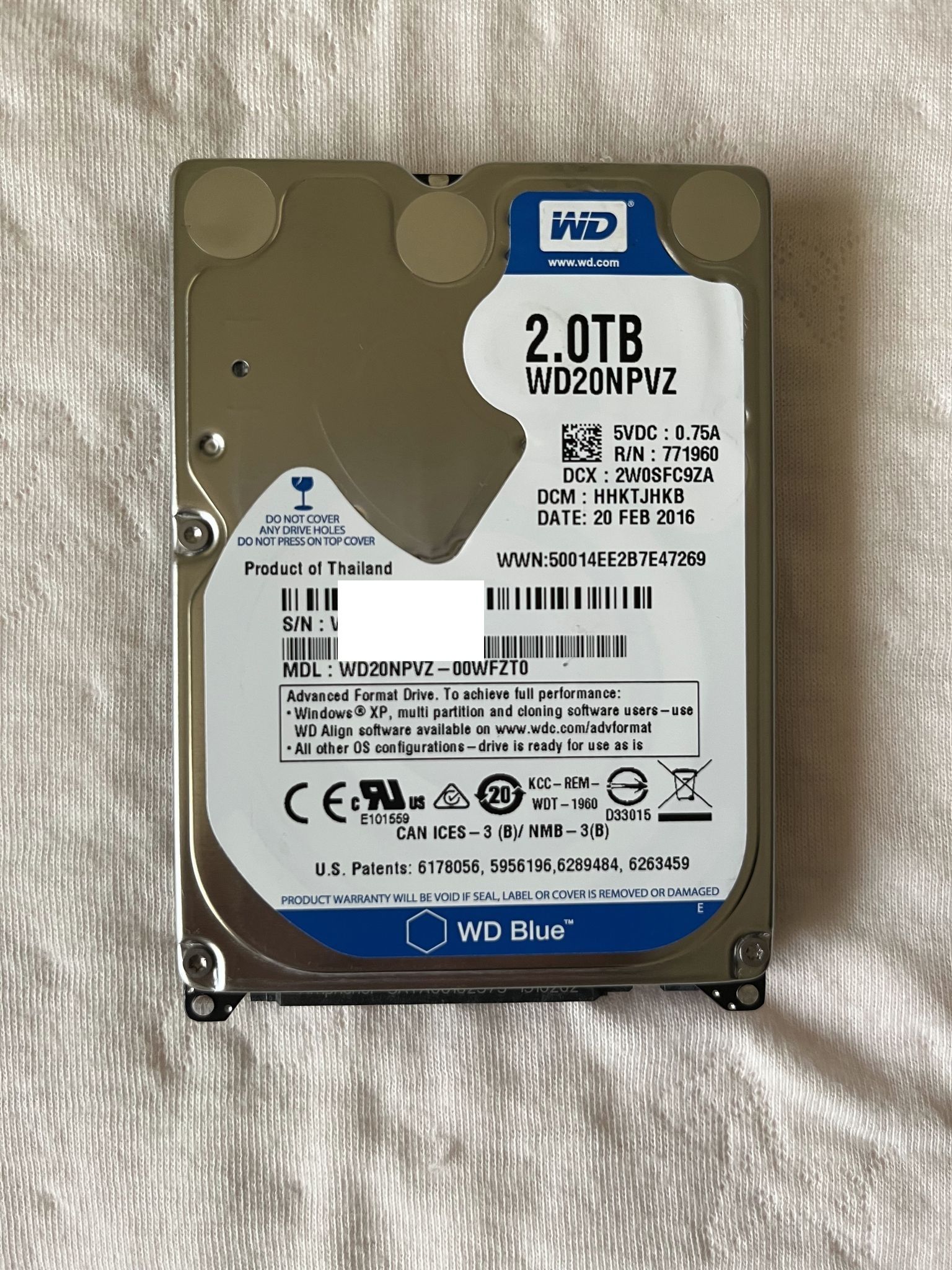 WD 2.5吋 2TB 5200轉 15mm