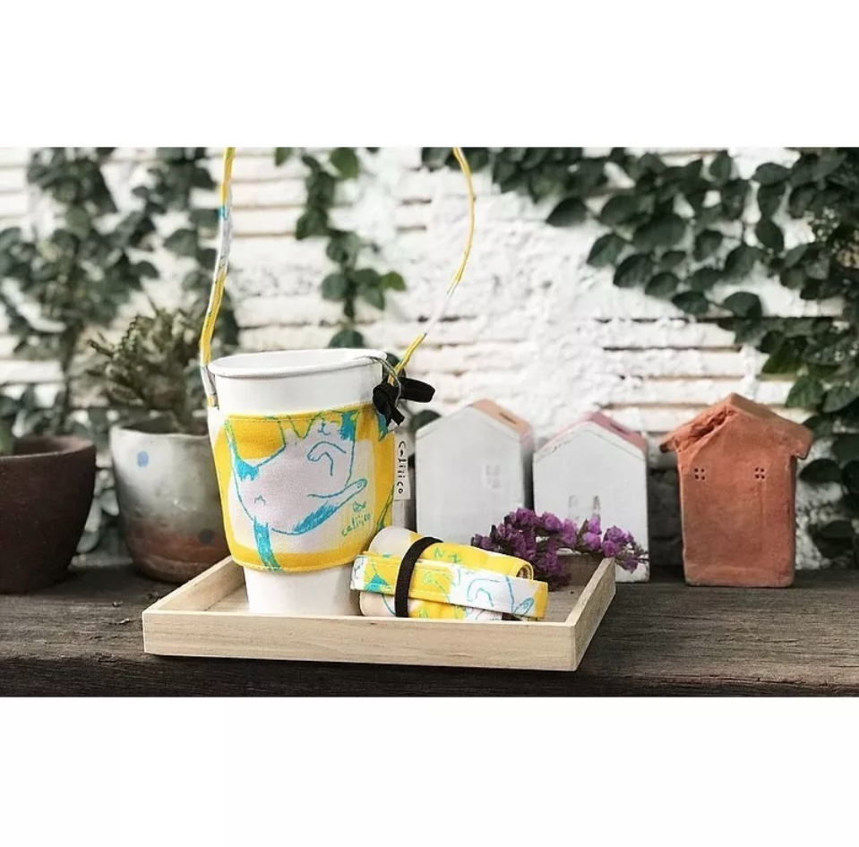 〔現貨〕泰國文創貓咪杯套 手搖飲料外袋冰霸杯杯套 防水環保帆布 熱帶植栽 米克斯暹羅三花貓 泰國代購 泰國文青選物