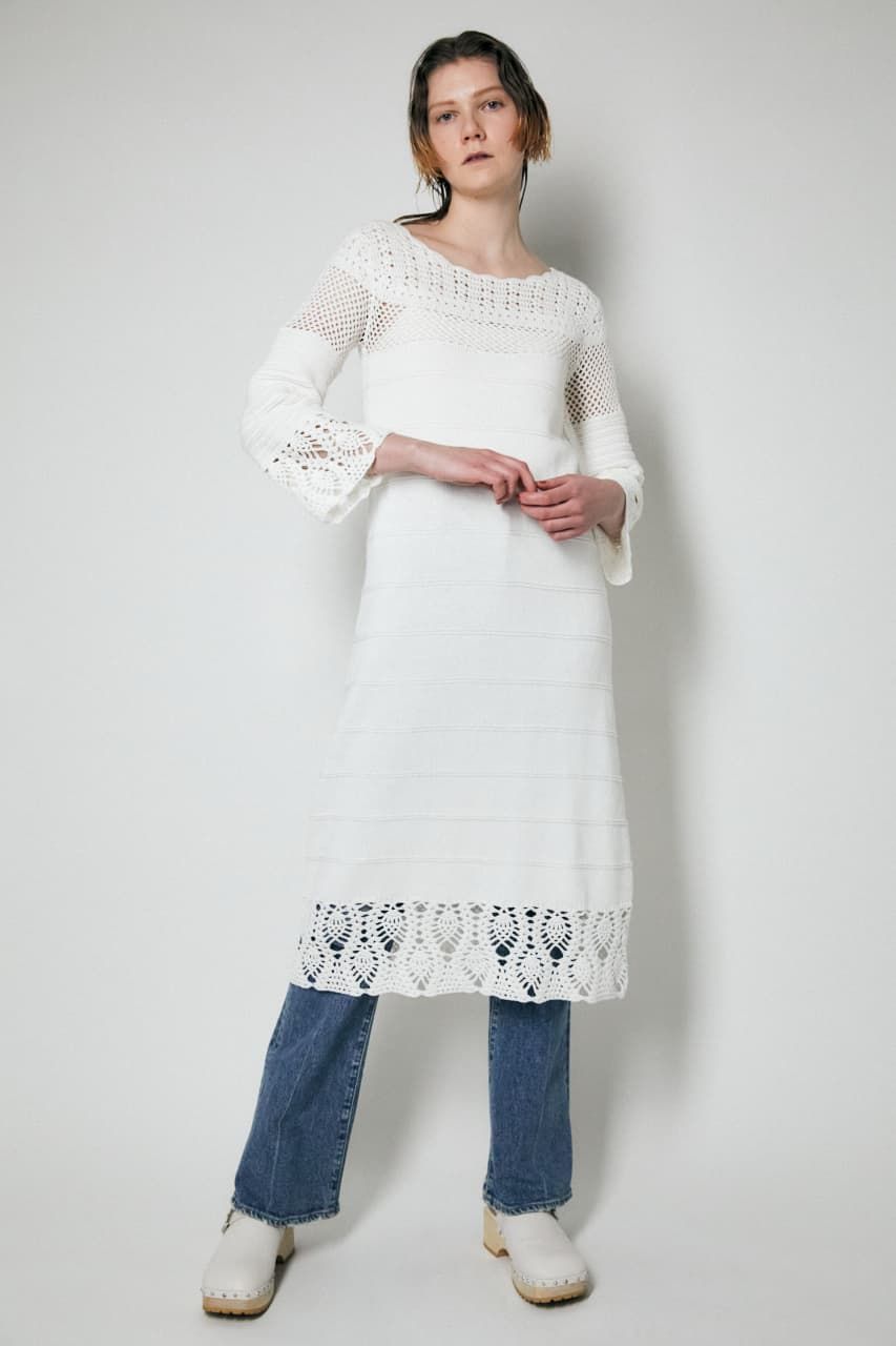 D112 MOUSSY喇叭袖鉤編連身裙