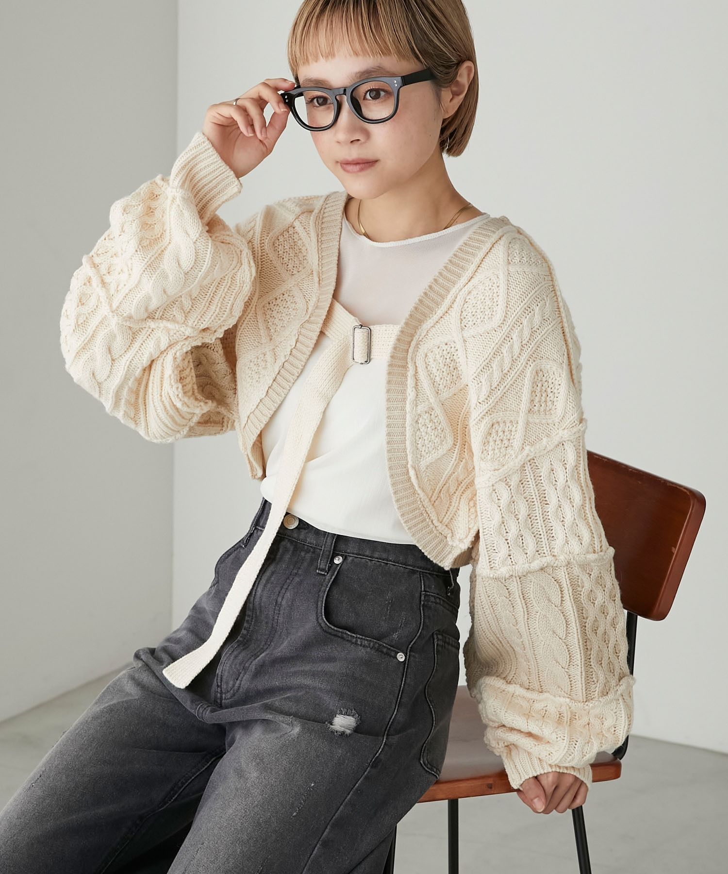 forksy. 絞花拼接針織短上衣