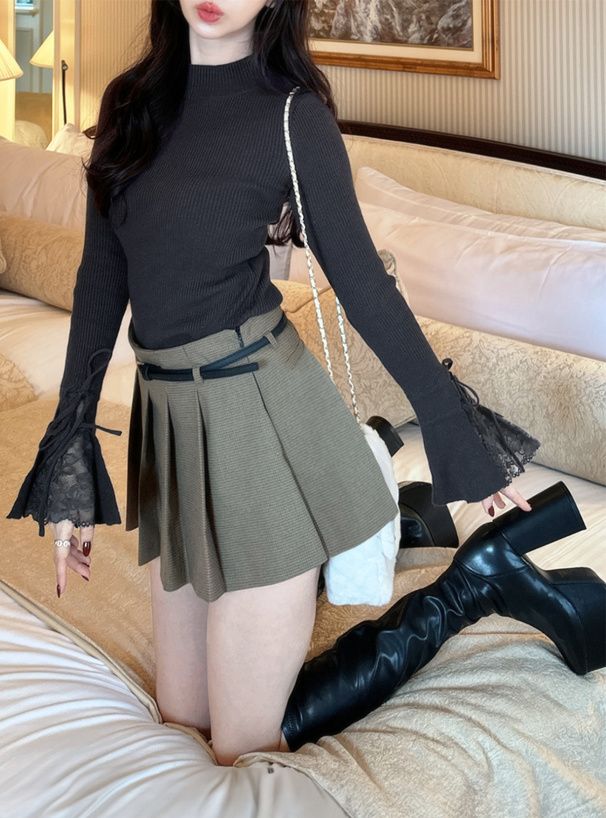 GRL 蕾絲袖緞帶羅紋針織上衣