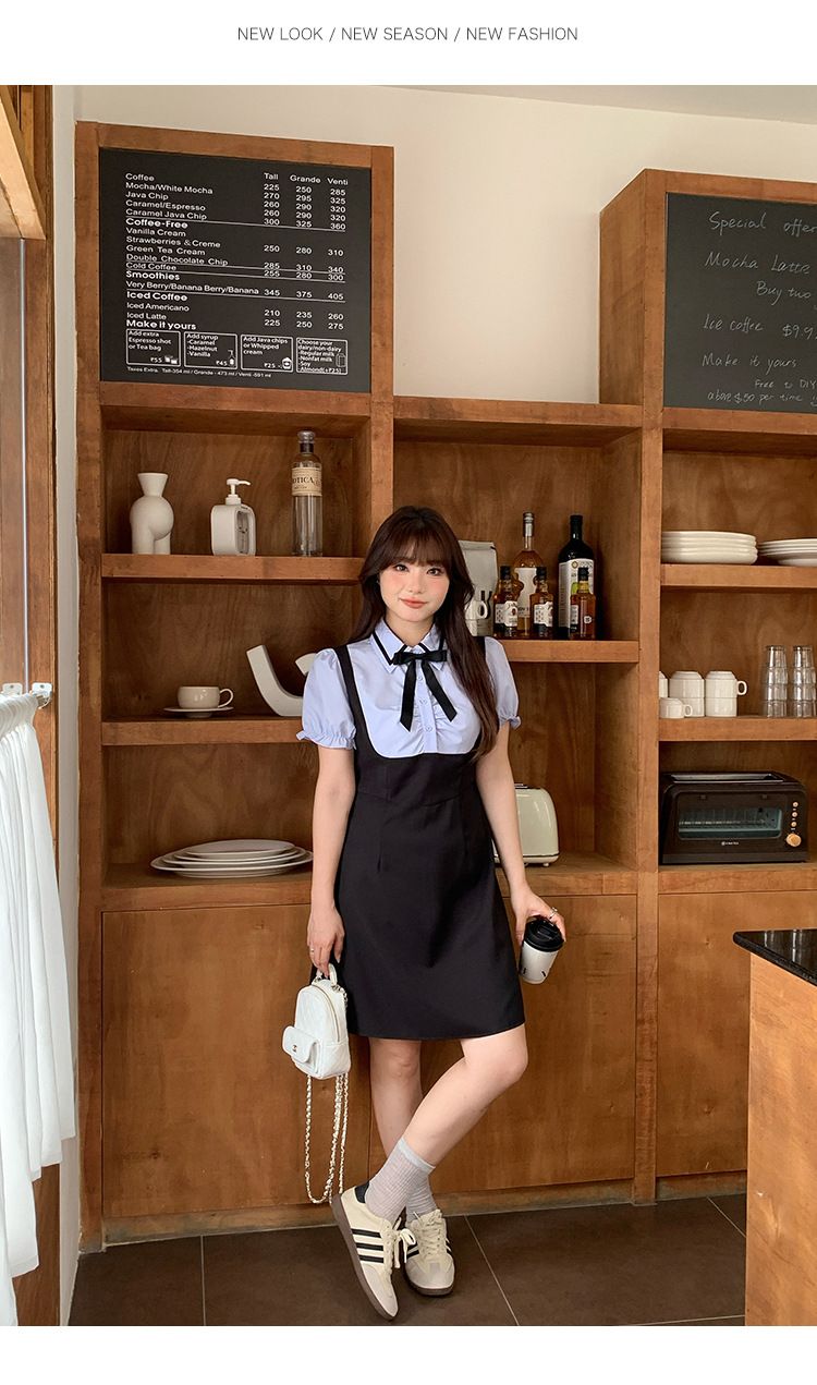 老闆選品 微肉女孩 假2件學院風短袖洋裝