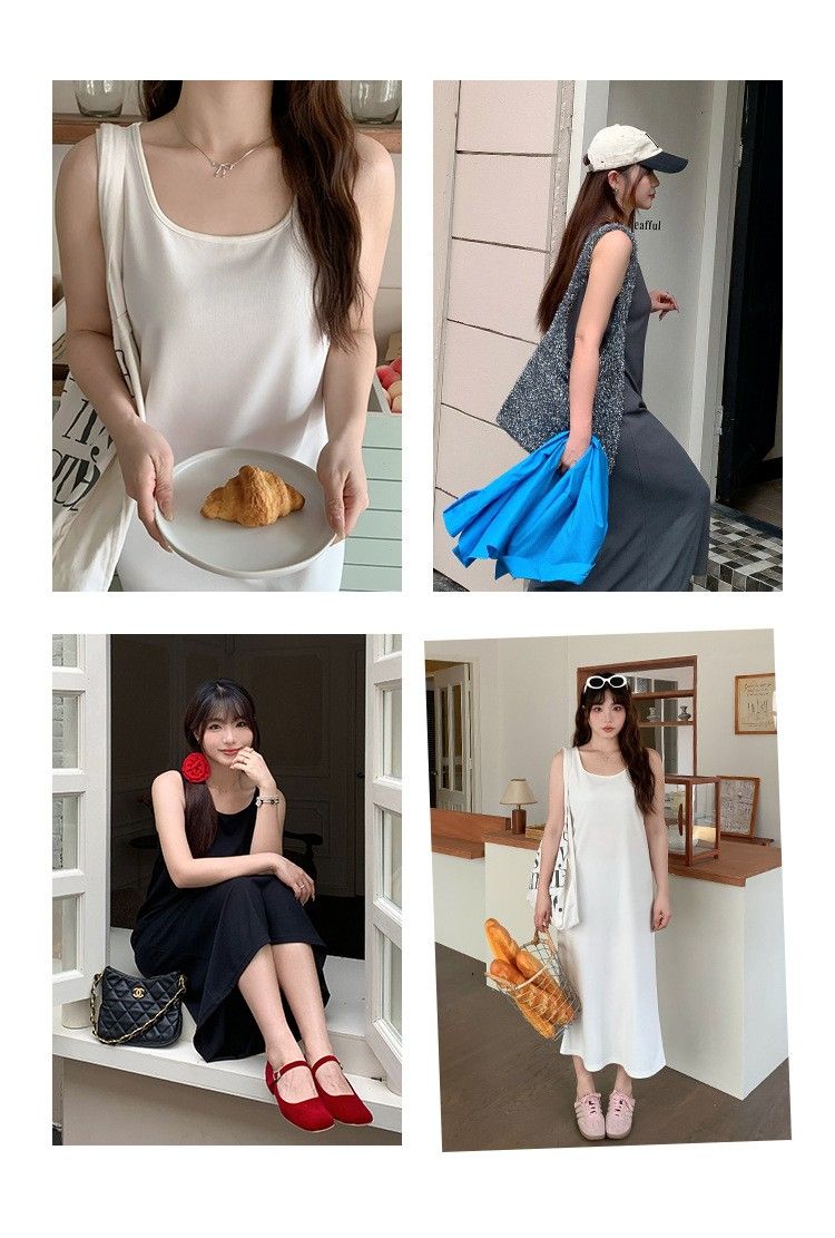 老闆選品 微肉女孩 基礎款 U領百搭無袖華夫格背心連衣裙