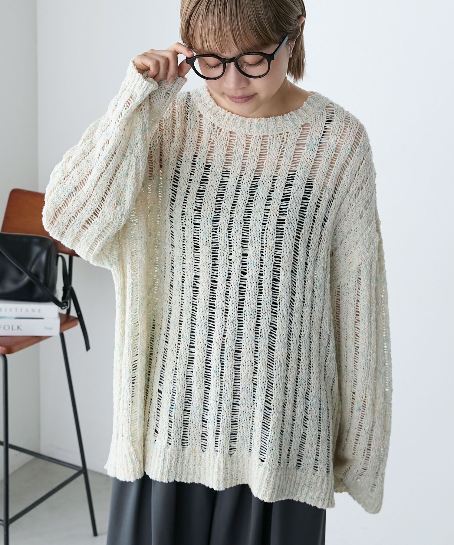 日本空運款  forksy.  日系混色寬鬆針織鏤空套頭衫