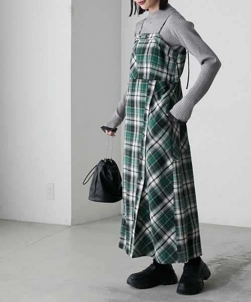 日本空運款 forksy. 設計感綠色格子吊帶洋裝