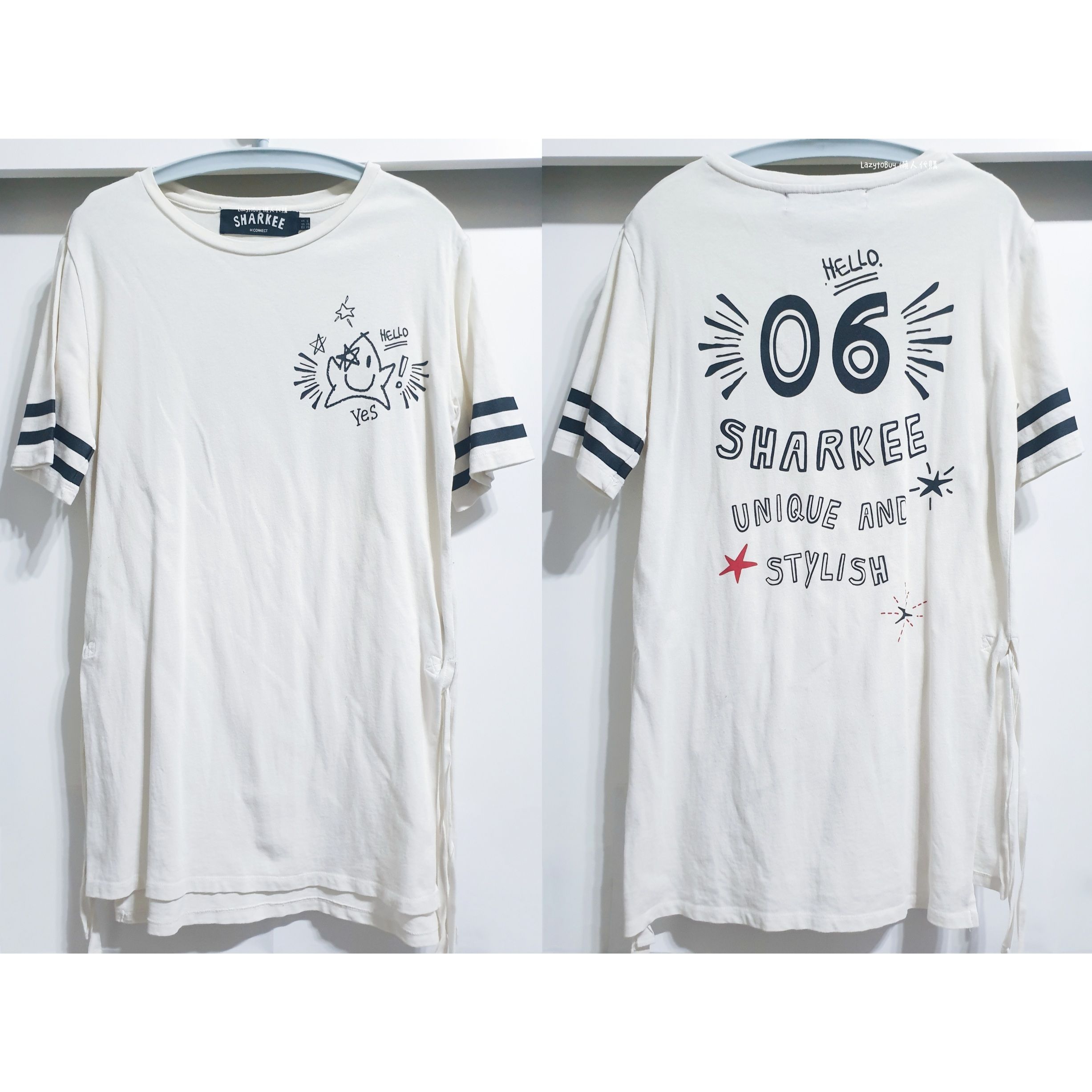 【二手】H:CONNECT 星星短袖開衩洋裝 白色長版上衣 官方正貨（已絕版）