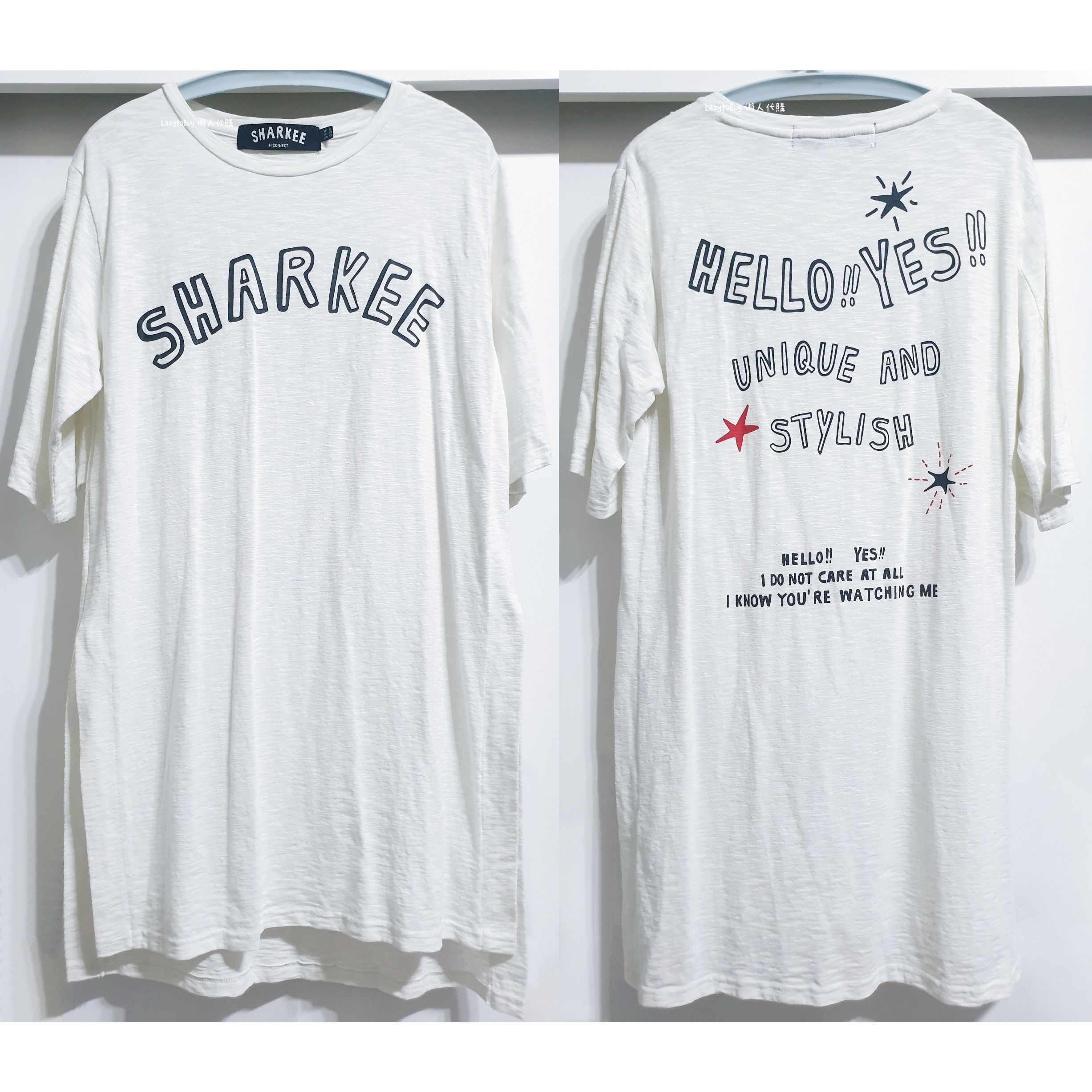 【二手】H:CONNECT 英文字短袖開衩洋裝 白色長版上衣 官方正貨（已絕版）