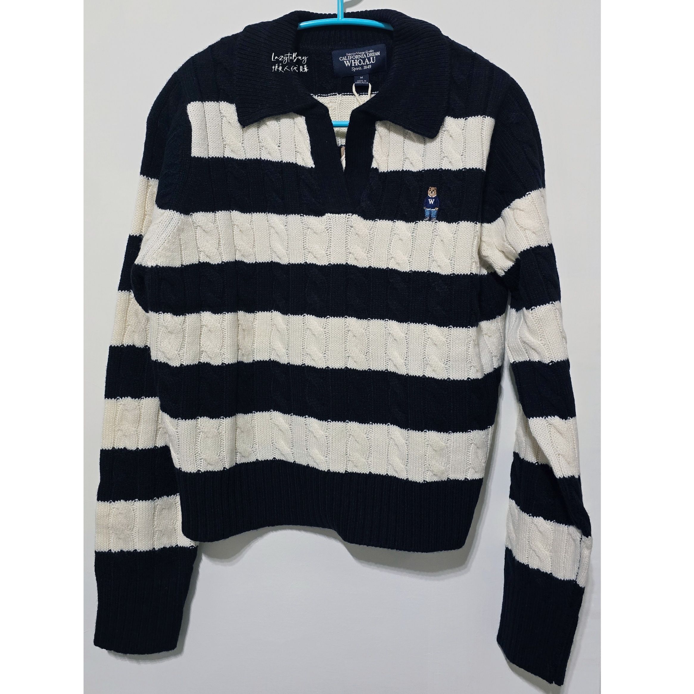 【全新】WHO.A.U 條紋開領套頭衫 毛衣 針織 M號 長袖針織衫 服飾 官方正品 韓國品牌 含吊牌（已絕版）