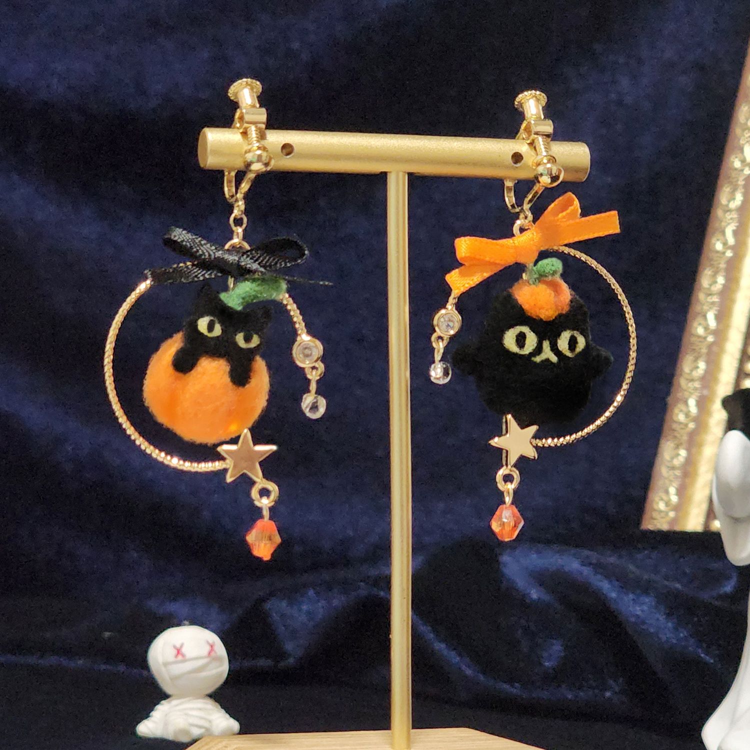 【萬聖節限定】星環南瓜貓 預購 羊毛氈耳環 鑰匙圈 療癒 送禮
