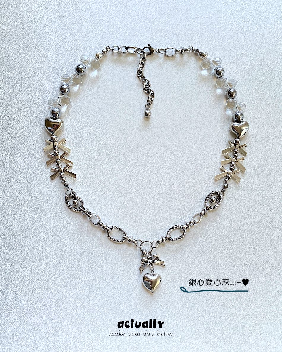 Actually Select | No.172 冷蝶銀心 | Y2K ins 愛心 蝴蝶結 垂墜感 串珠項鍊 項鍊