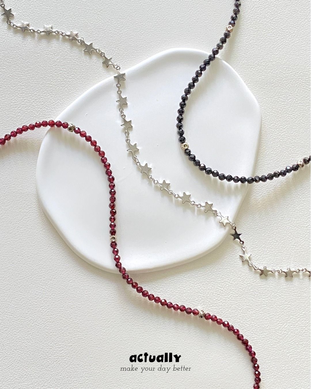 Actually Select | No.193 星軌石語 | 星星鍊 × 天然石項鍊｜紅石榴石 黑尖晶｜低調閃耀氣質款