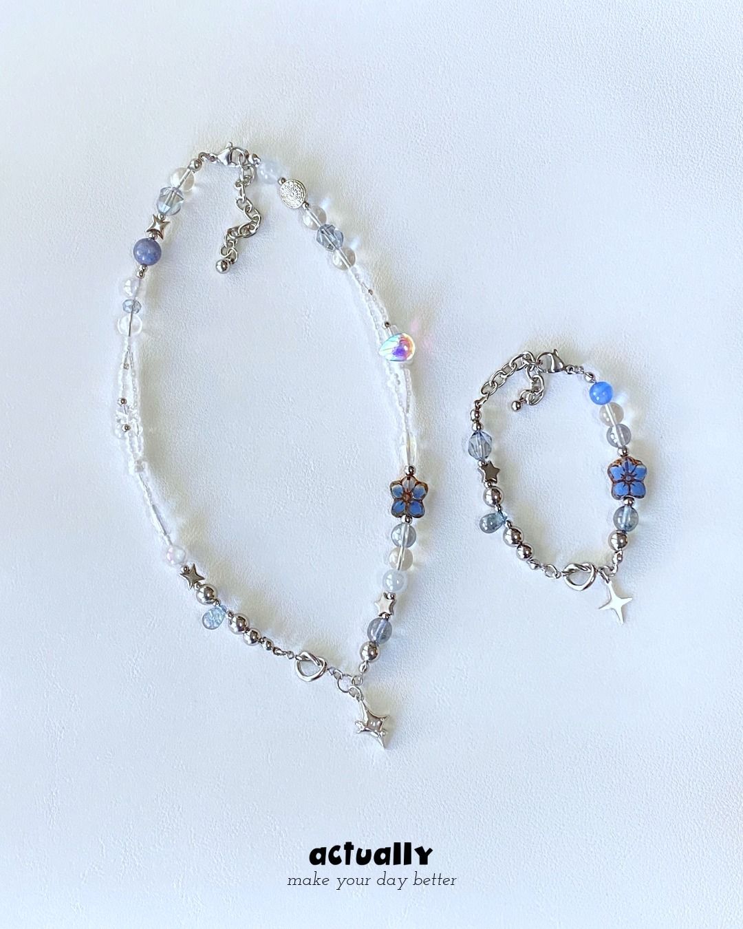 Actually Select｜No.192 藍霧星澈｜Y2K 韓系 串珠項鍊 氣質百搭 芒星吊墜 手鍊 項鍊
