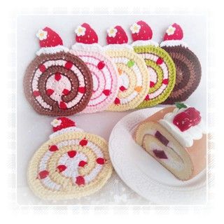 草莓蛋糕捲杯墊 可自行選色🍰 可客製改色 手作毛線鉤織小物