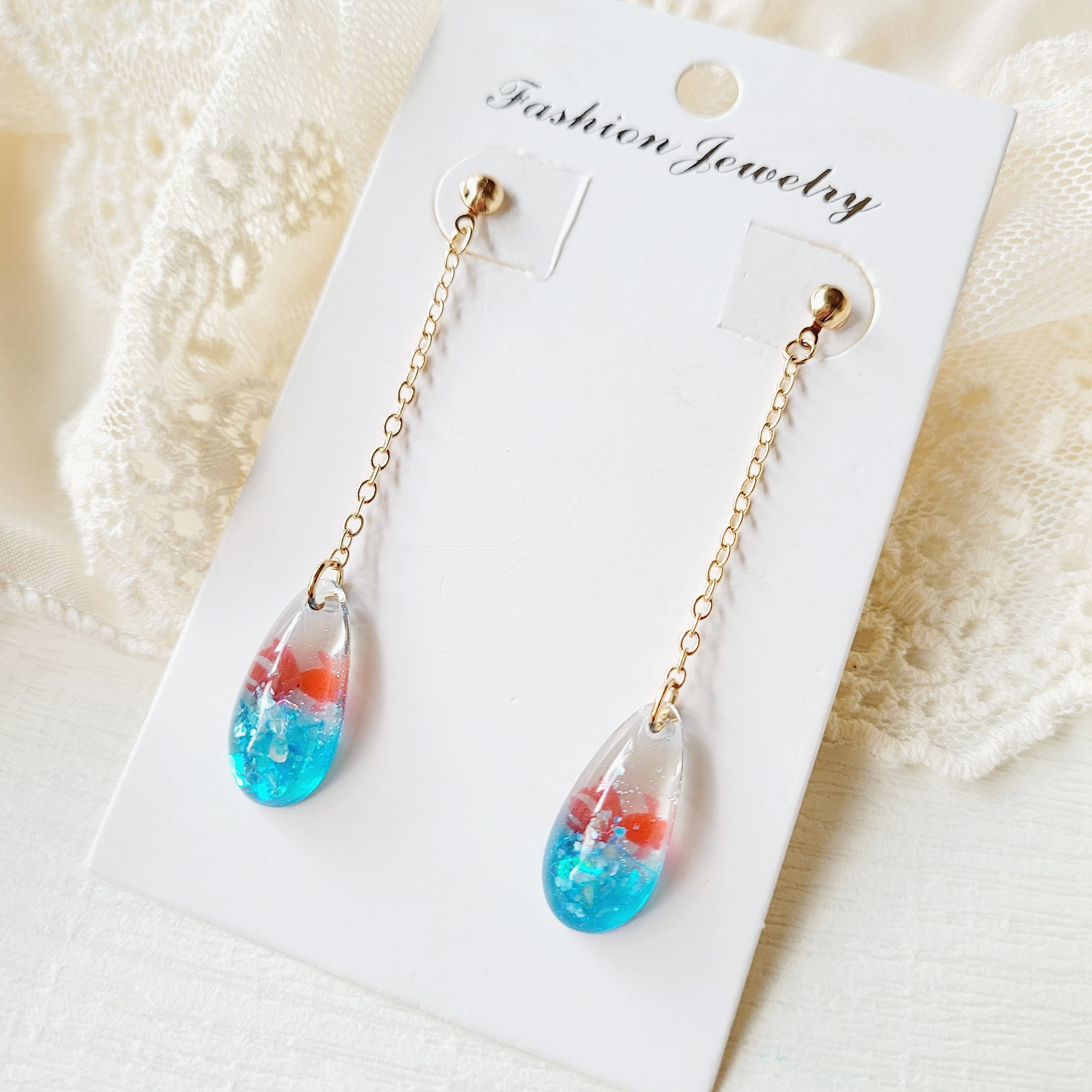 金魚水滴垂墜耳環