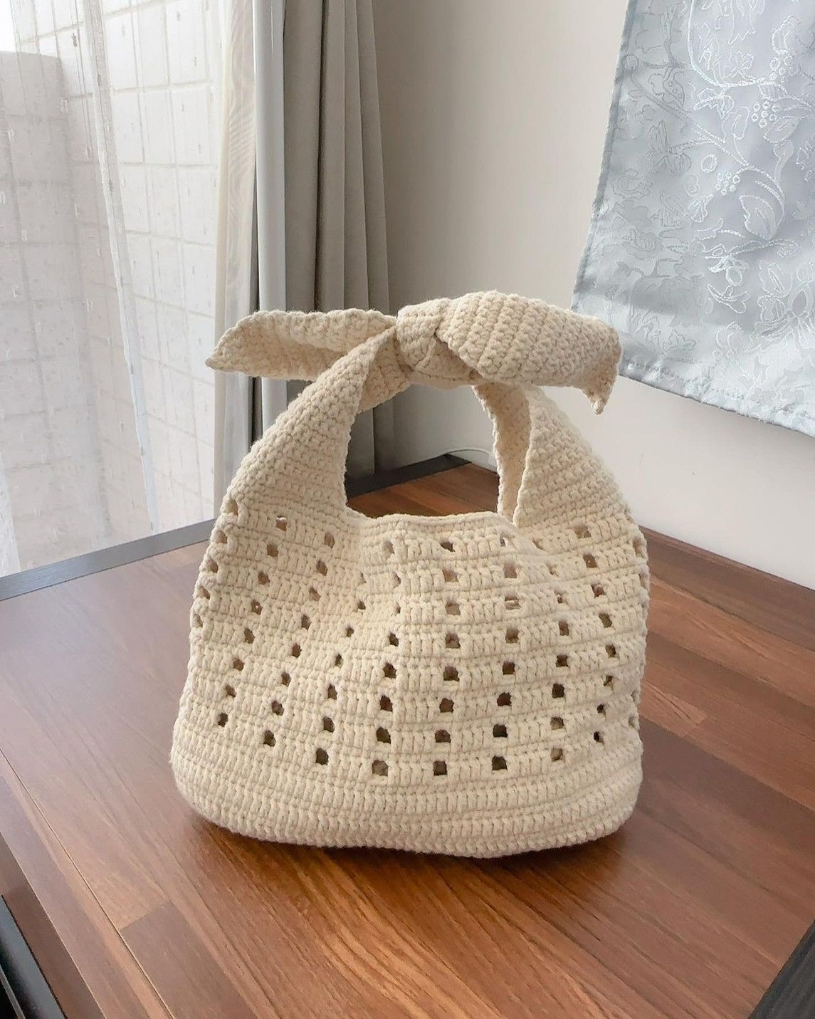 蝴蝶結手拎包，小廢包，毛線手拎袋，手提袋，毛線編織包