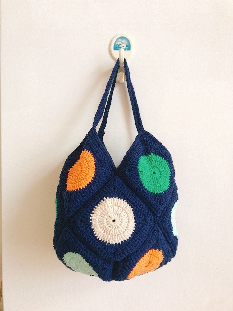 撞色圓圈手提包，圈圈毛線手提包，毛線編織包，手提袋