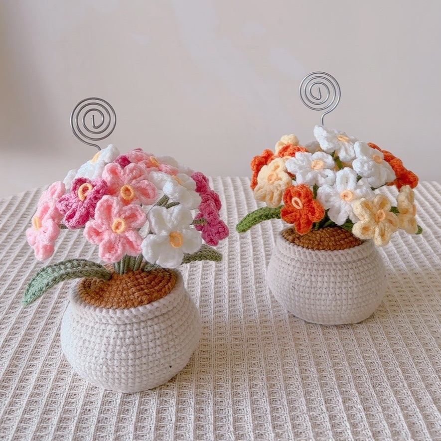 毛線小花盆栽便簽夾/勿忘我小花