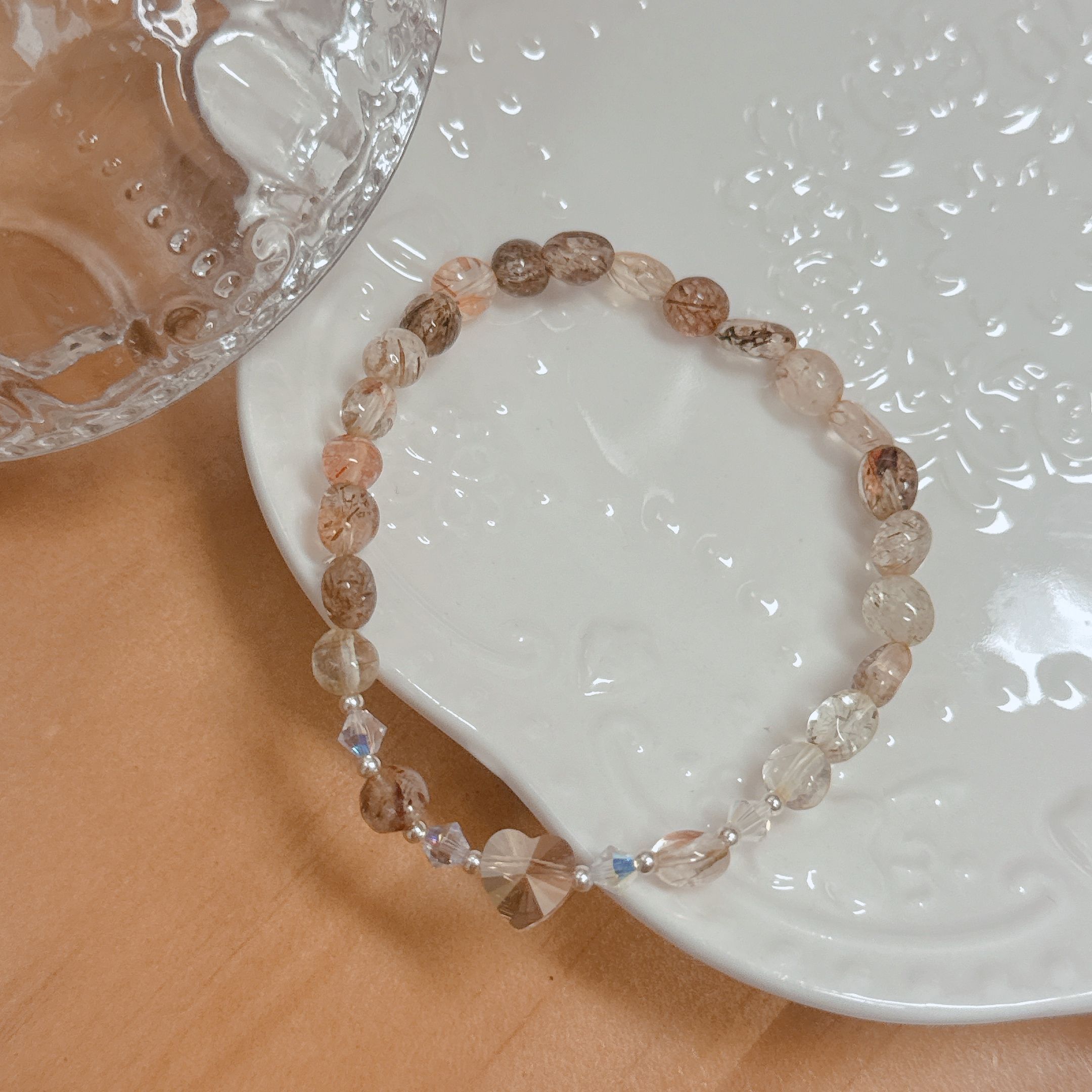 純銀X黑金超水晶X愛心X進口施華洛愛心 彈力繩手鍊