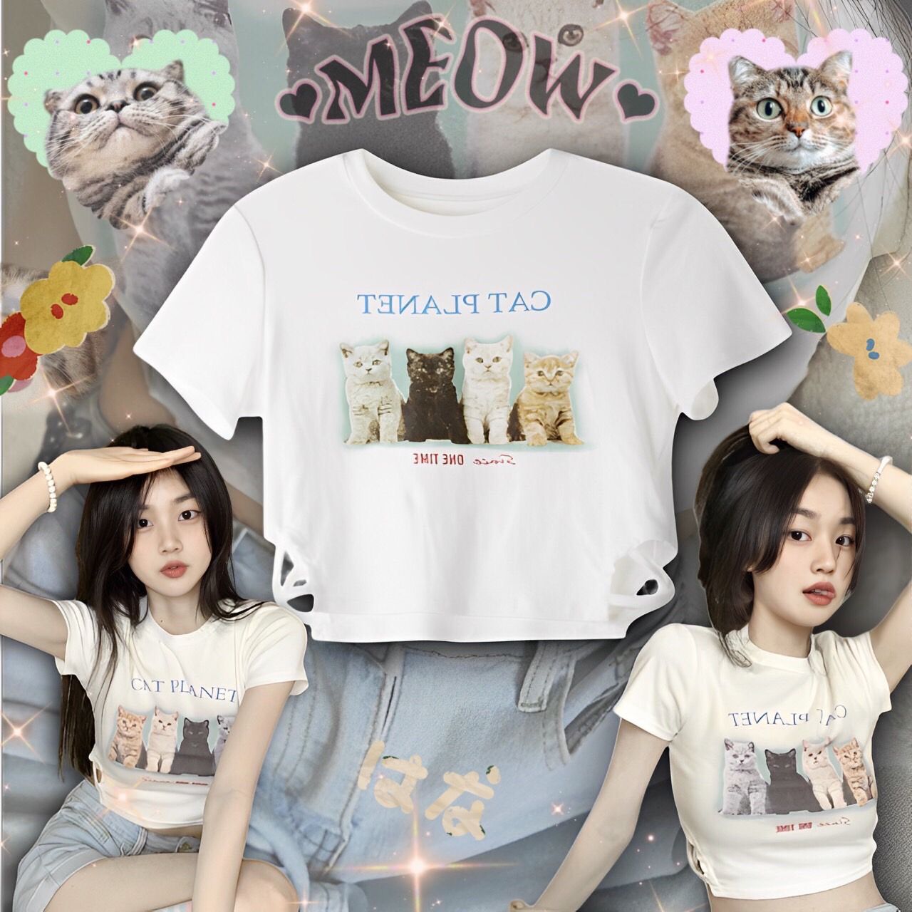 ♡短款超口愛貓咪印花短T♡