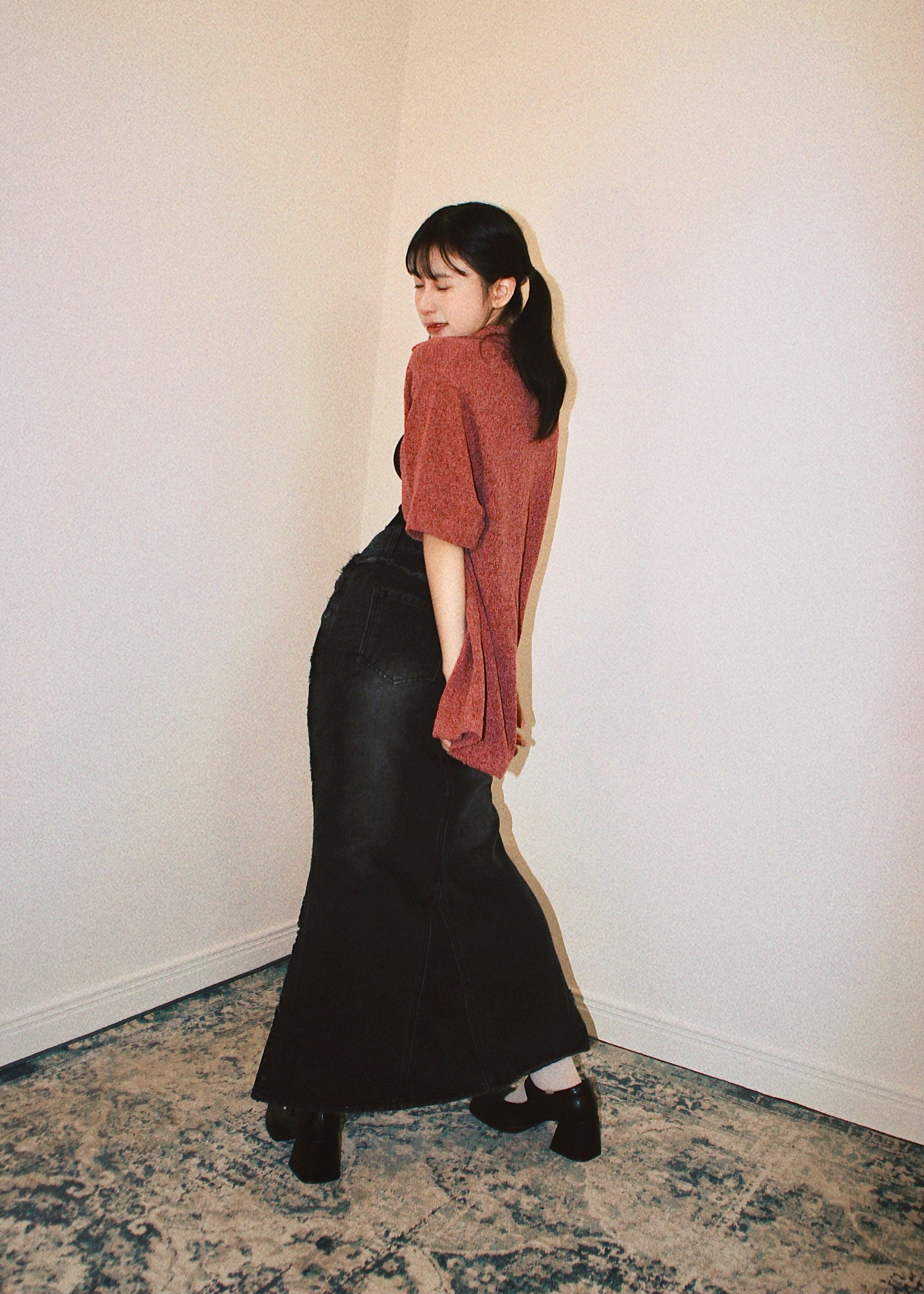 韓版丹寧/黑色水洗魚尾裙