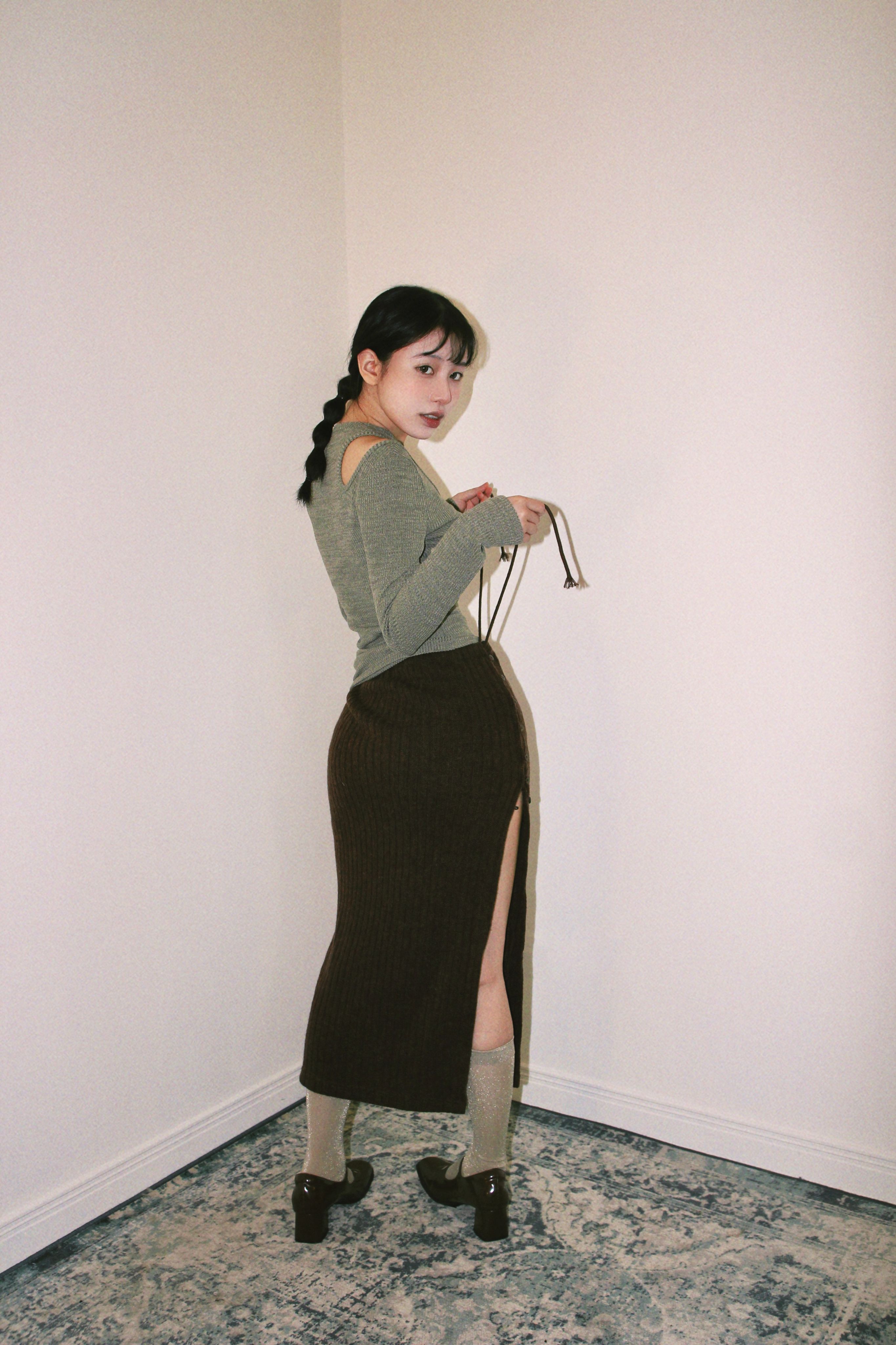 韓版深棕色針織開叉長裙