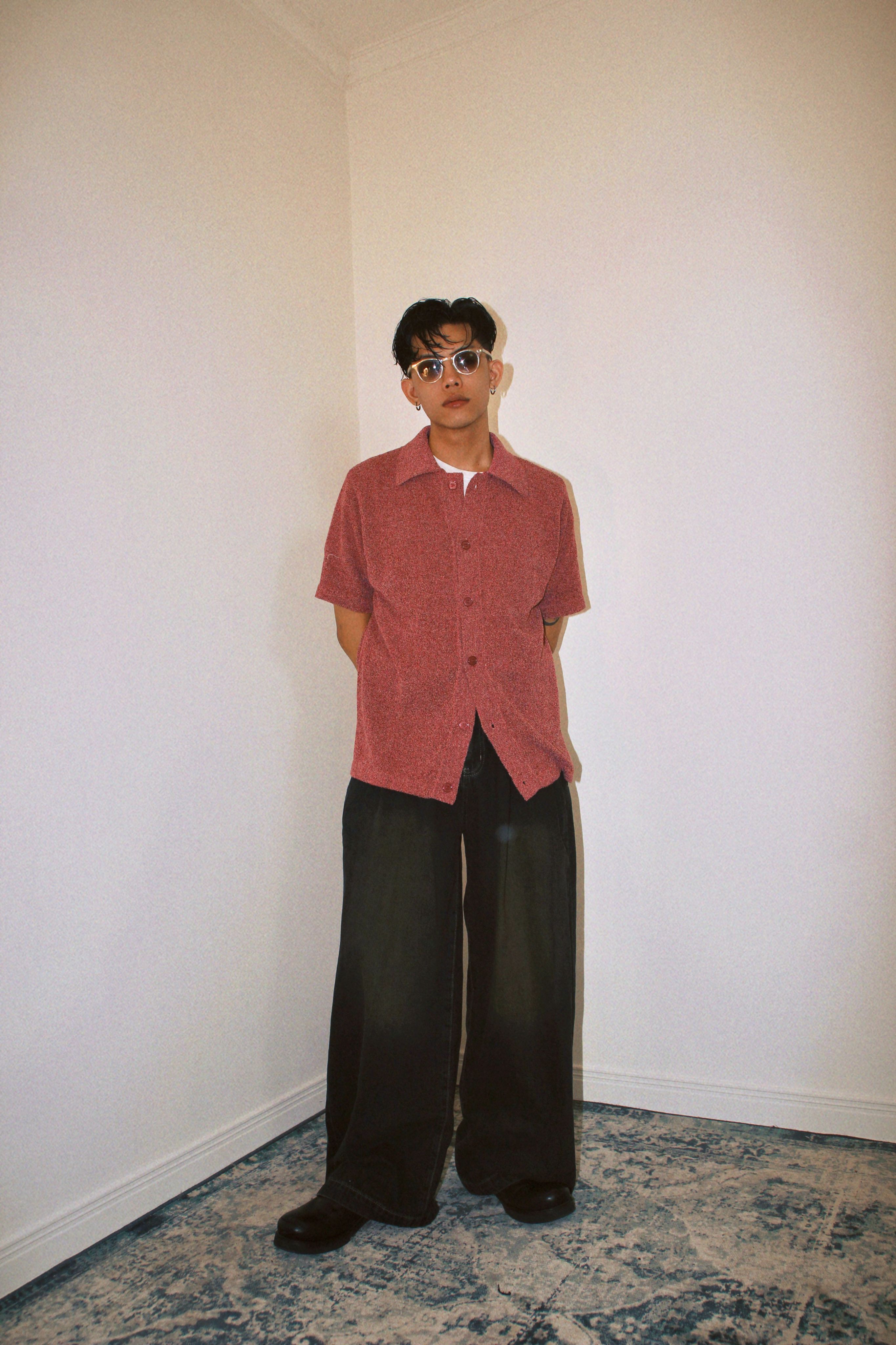 粉色針織短袖襯衫