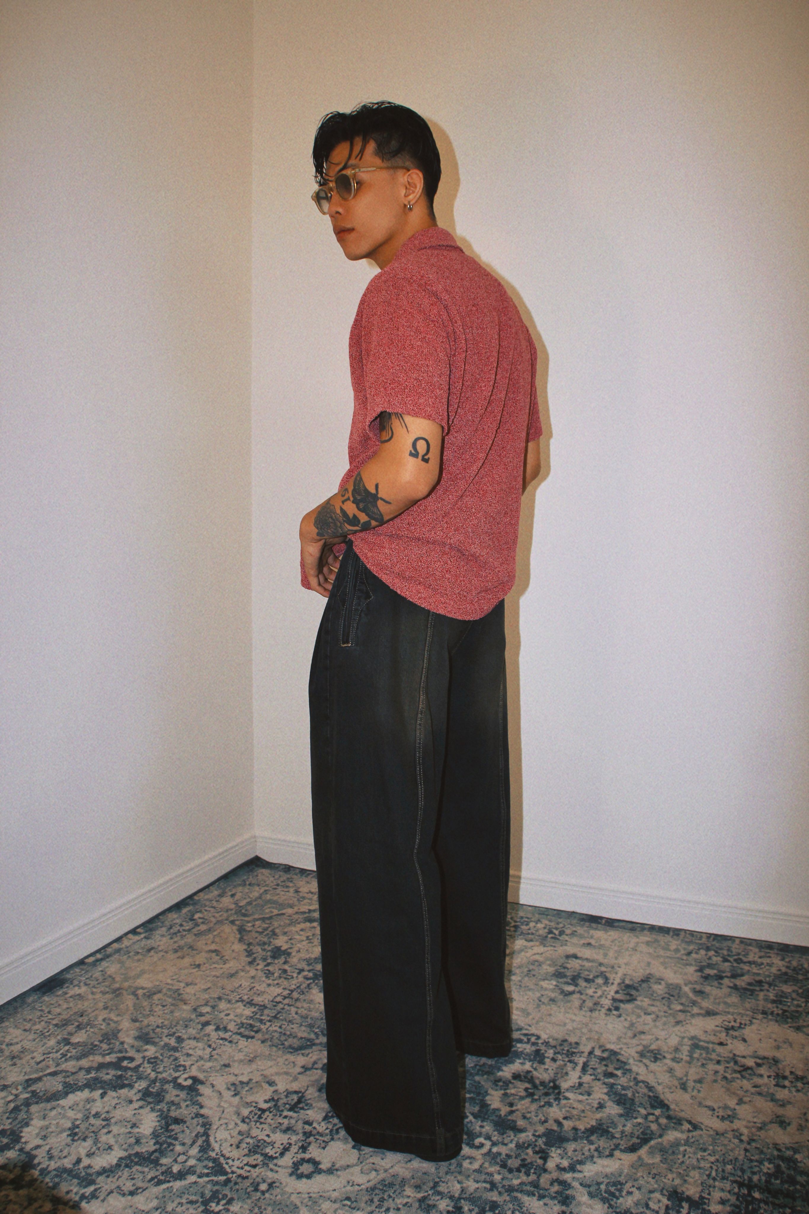 丹寧刷色闊腿打折牛仔褲