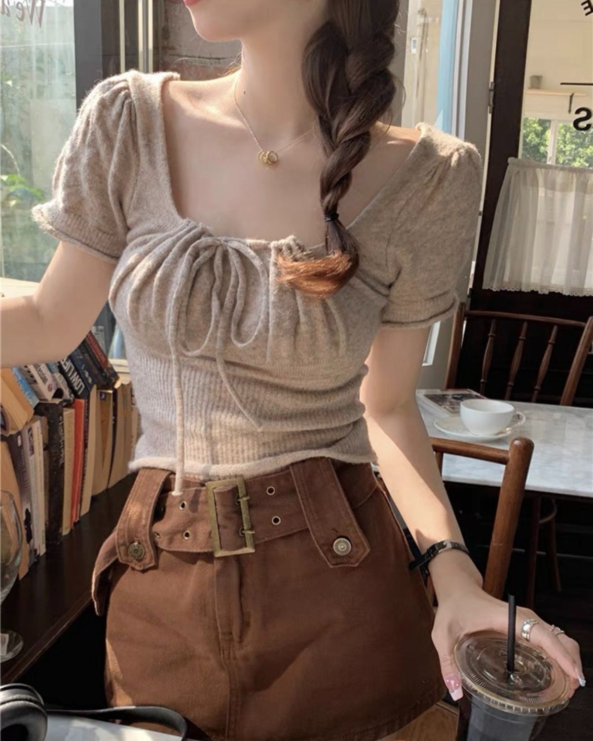 杏色韓版抽繩上衣