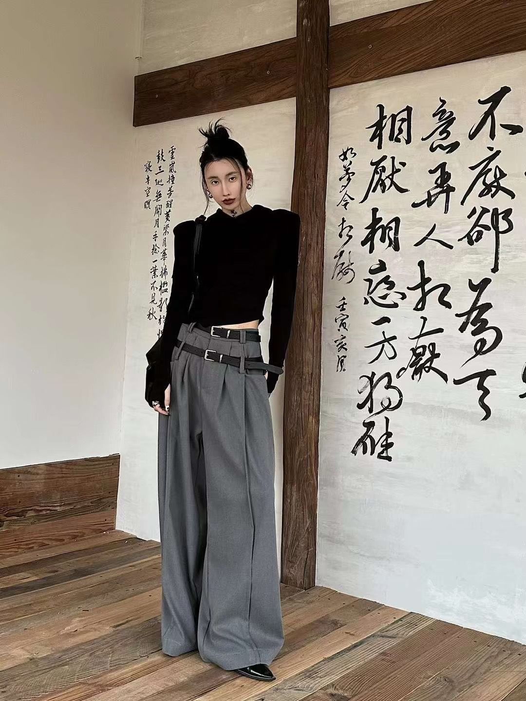 雙腰帶闊腿西裝褲