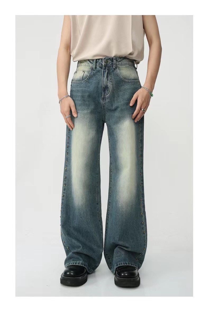 卯釘丹寧水洗闊腿褲