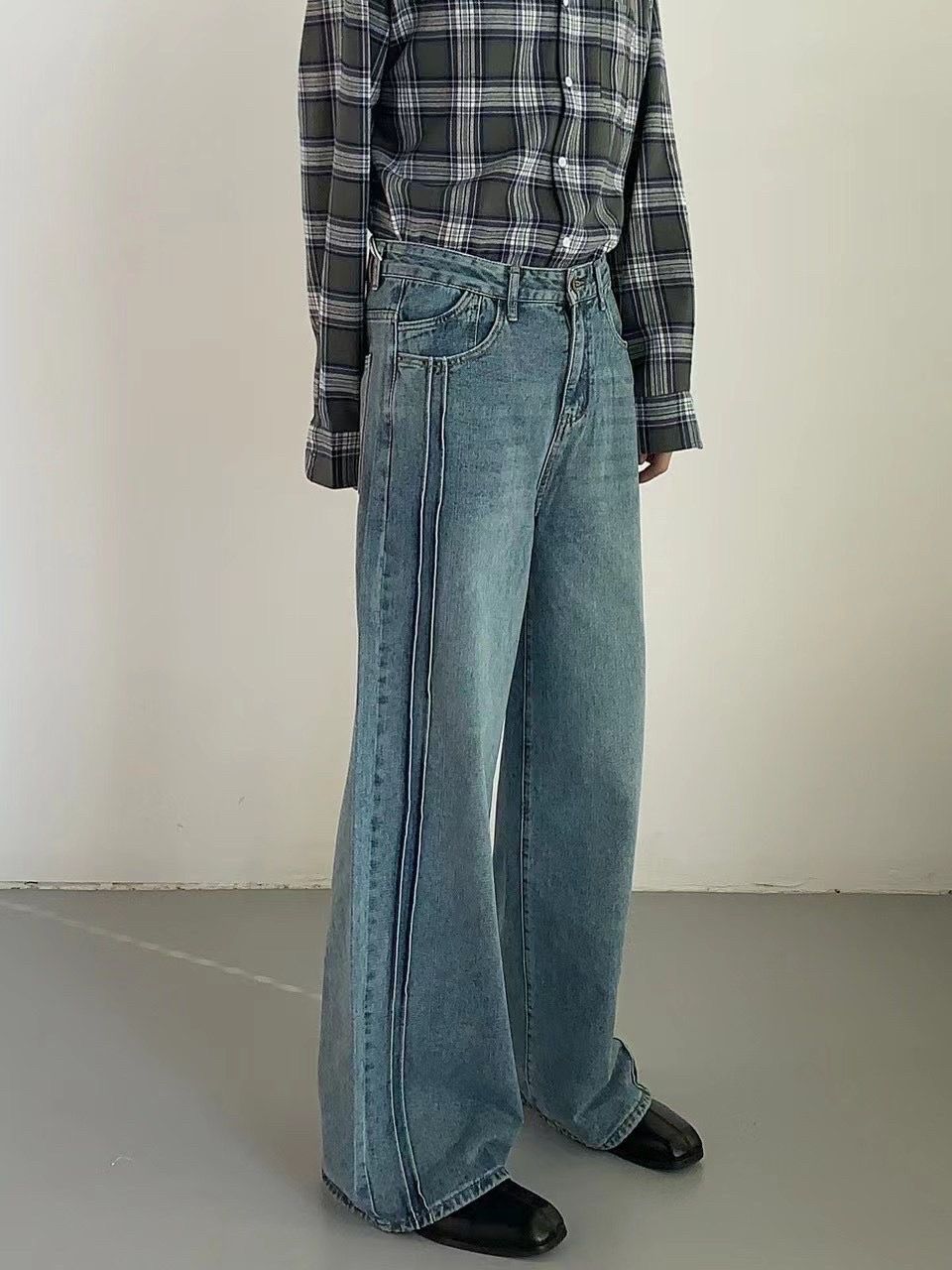 丹寧水洗闊腿微喇叭褲