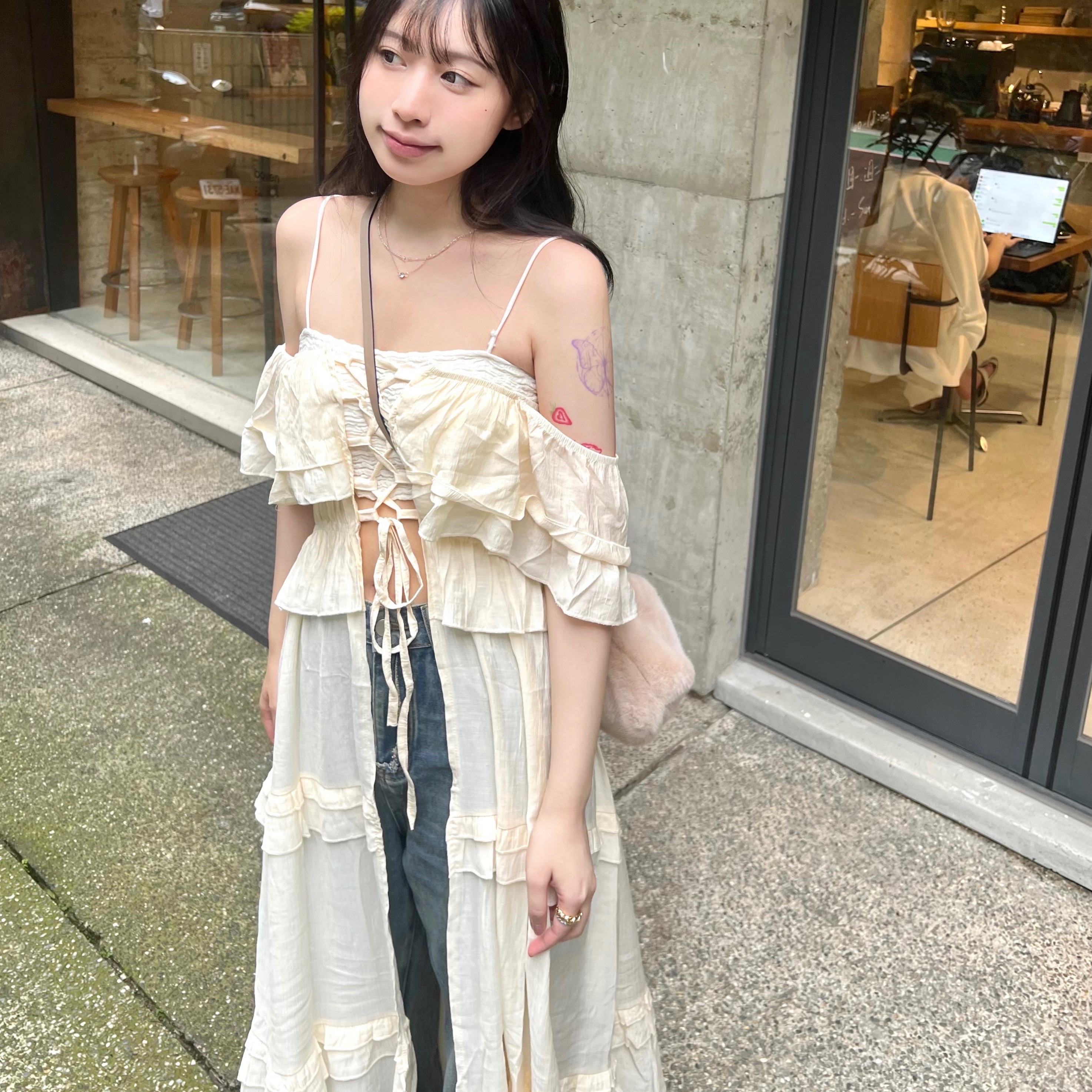 JOINI 杏色抽繩綁帶仙女上衣