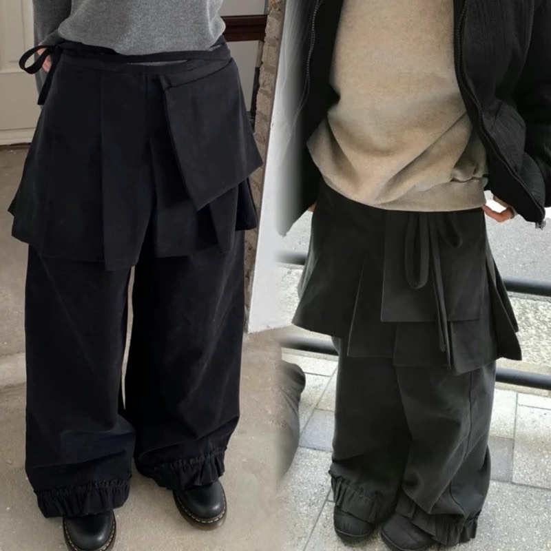 微重磅/西裝布料  黑色不規則拼接褲裙（褲裙分開）疊穿褲裙 花邊褲裙 寬鬆長褲 日系百搭
