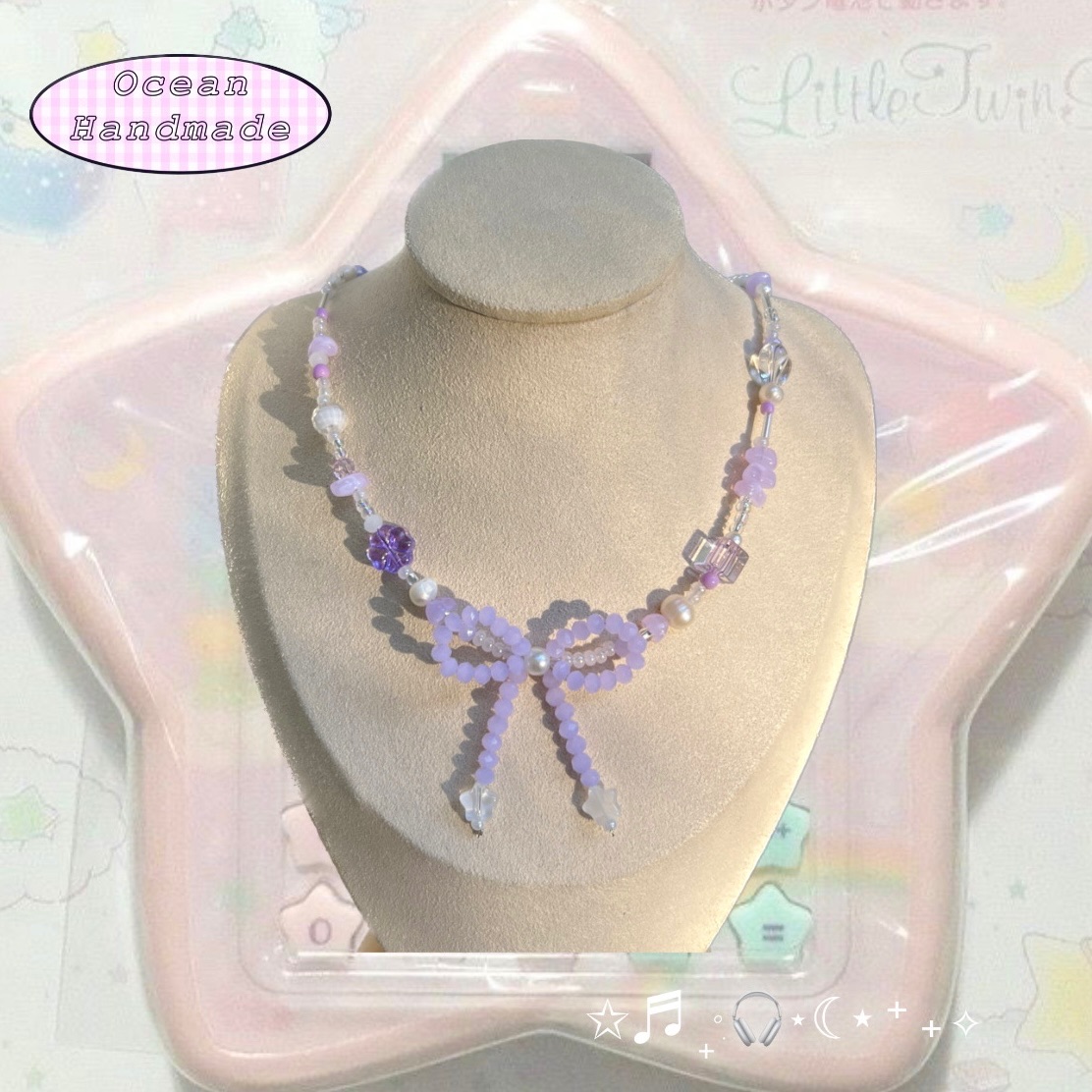 紫色幸運草玻璃珠-蝴蝶結項鍊