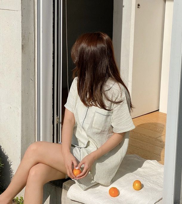 J’eu 데이지 체크 요루면 반팔 파자마 잠옷 세트 3color，2size
