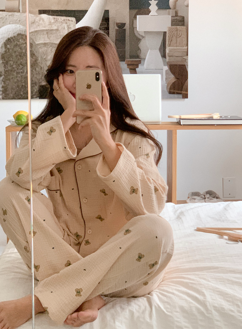 J’eu 맨디 베어 요루면 긴팔 파자마 잠옷 세트 1color，2size