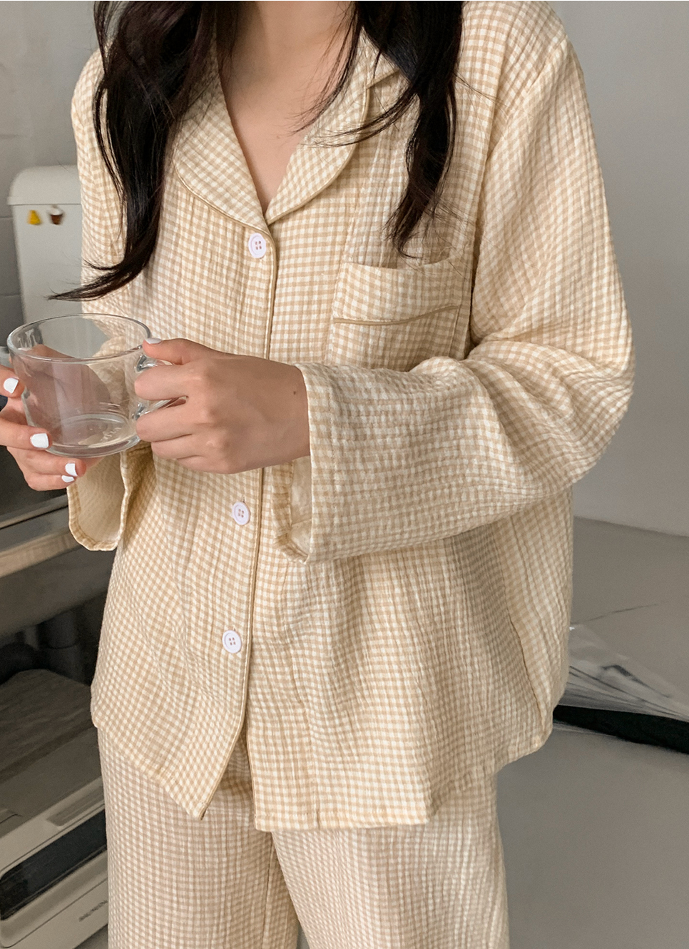J’eu 데이지 체크 요루면 긴팔 파자마 잠옷 세트 3color，2size